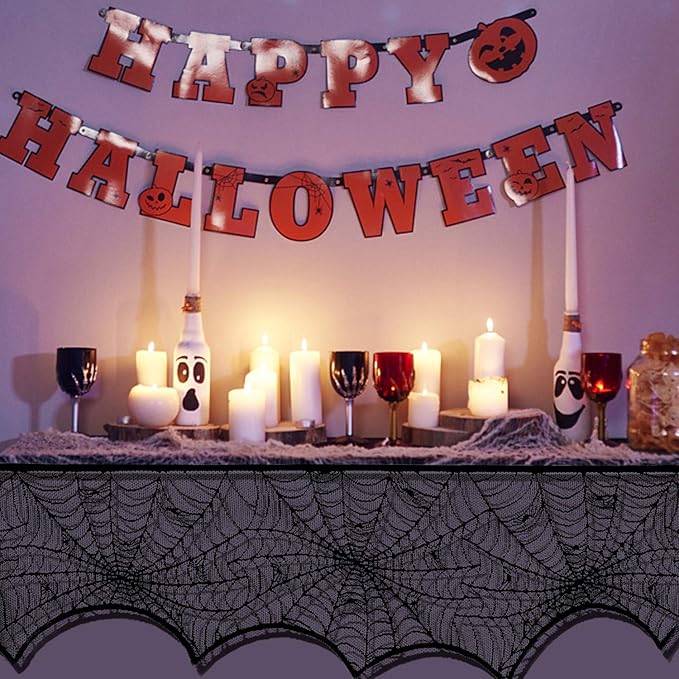 Lulu Home Halloween Fireplace Decorations, Fireplace Mantle Scarf Cover and Table Cloth, Black Lace Spider Web for Table, Door, Window and Fireplace Decoration, Halloween Decoration-Ruum Studio Home