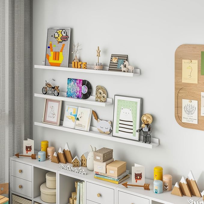 Solid Ash Wood Picture Ledge Shelf, 24 Inch Floating Shelves with Lip Set of 2, Photo Ledge Shelf Nursery Bookshelf Wall Mounted for Living Room Bedroom Decor, White-Ruum Studio Home