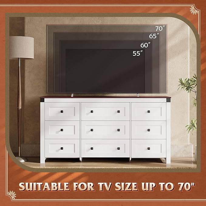 WLIVE Farmhouse Dresser for Bedroom, 63" Wide 9 Drawer Dresser Storage Organizer, Wood Chest of Drawers for Bedroom, TV Stand for 70 inch TV, for Living Room, Hallway, Ball Bearing Slide (White)-Ruum Studio Home