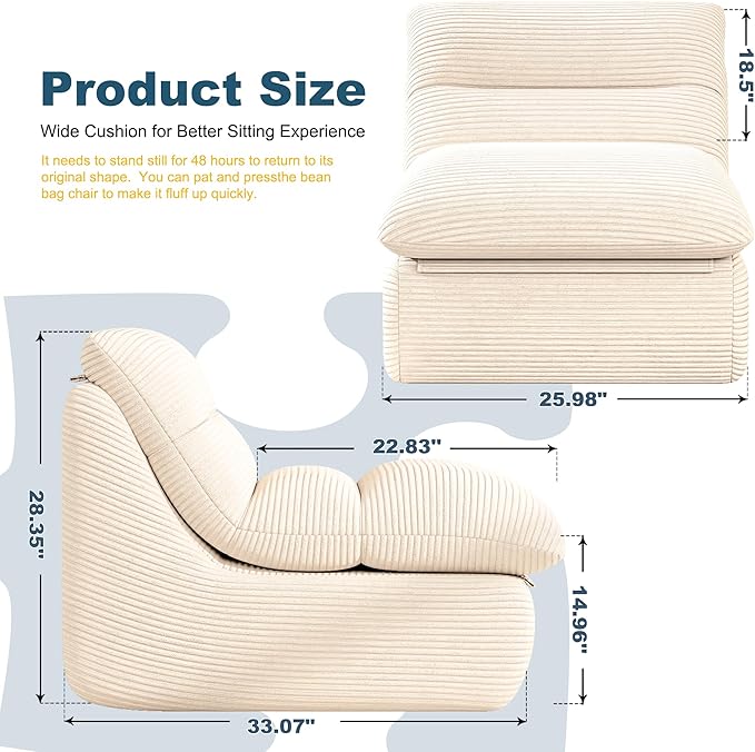 Misolant Bean Bag Chairs，Big Corduroy Fabric Sofa Bean Bag Chair for Adults and Teens with High-Resilience Sponge, Non-Slip Base Floor Lounge Sofa for Home, Living Room, Bedroom, Gaming Beige White-Ruum Studio Home