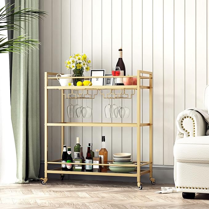Glass Gold Bar Carts for Home with Hanging Wine Rack - Home Bar Serving Cart with 3 Mirrored Shelves, Kitchen Bar Carts, Wine Cart for Entertaining, Club Party.-Ruum Studio Home