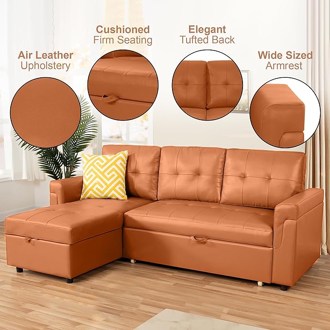 Naomi Home Transform Any Space: Sleeper Sectional Sofa with Convertible Sofa Bed & Inviting Chaise. Find Tranquil Comfort with Stress-Relieving Design & Durable Cushions - Caramel,Air Leather-Ruum Studio Home