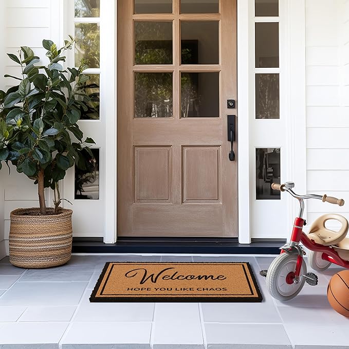 Barnyard Designs Natural Coco Coir Heavy Duty Backing Doormat - Large Cute Non-Slip Front Door Welcome Mat for Outside Entrance or Porch Entry, Brown (17x30, Chaos)-Ruum Studio Home