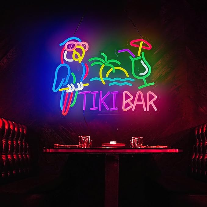 Tiki Bar Parrot Palm Tree Neon Sign for Wall Decor Hawaii Beach Bar LED Light up Signs with Dimmer for Pub Party Man Cave Room Art Decor Gift-Ruum Studio Home