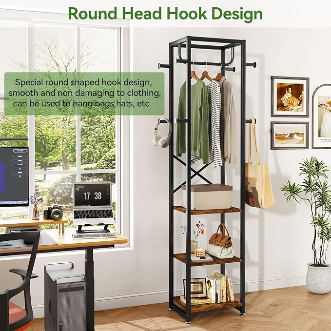 IBUYKE Coat Rack with Shelves, Freestanding Hall Tree with 3 Shelves and 8 Hooks, Industrial Clothes Stand for Entryway, Hallway, Bedroom, Rustic Brown UTMJ088H-Ruum Studio Home