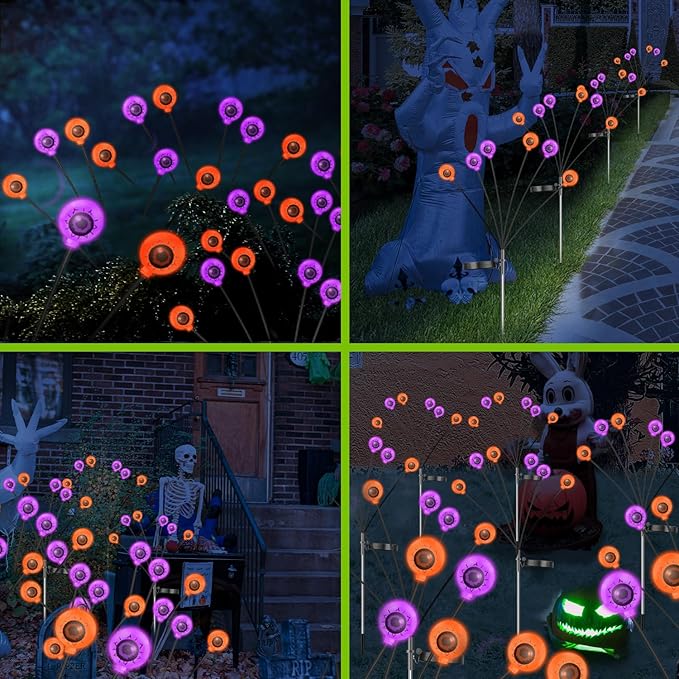 VOTTGO Halloween Solar Lights Outdoor, 8 Pack 48LED Scary Solar Eyeball Pathway Lights, 2 Modes Waterproof Swaying Solar Firefly Lights for Garden Yard Pathway Halloween Decorations, Purple + Orange-Ruum Studio Home