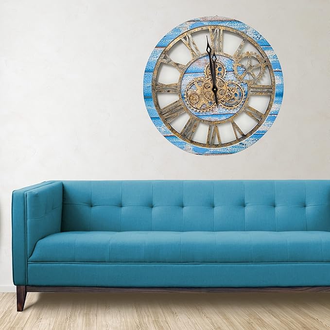 The Gears Clock The Original Real Moving Gear Wall Clock Vintage Industrial Oversized Rustic Farmhouse (24 inch (60cm), Vintage Ocean Blue and Bronze)-Ruum Studio Home
