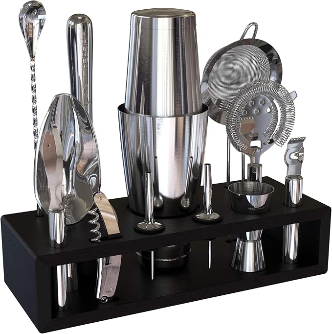 Highball & Chaser 13-Piece Boston Cocktail Shaker Set Stainless Steel Mixology Bartender Kit With Stand For Home Bar Cocktail Set | Laser Engraved Cocktail Tools | Plus E-Book with 30 Cocktail Recipes-Ruum Studio Home