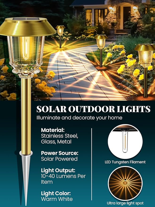 Solar Lights Outdoor Waterproof,6 Pack Gold Solar Pathway Lights with 10-40 LM Dimmable Glass and Metal, Solar Powered Garden Fall Decor for Yard,Patio,Pathway,Driveway(Warm White)-Ruum Studio Home