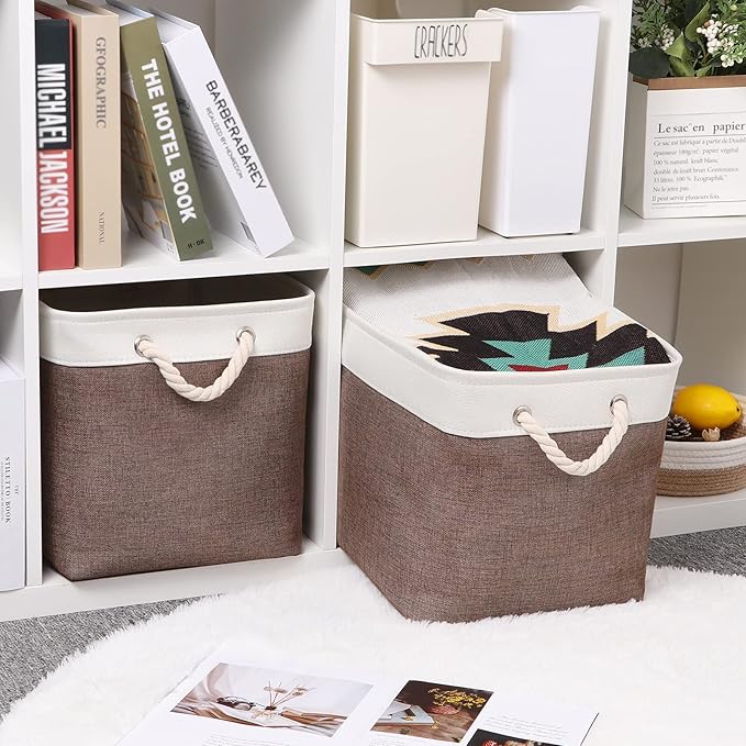 Bidtakay Large Storage Baskets with Handles for Organizing 16" x 11.8" x 11.8" Rustic Shelf Baskets [2-Pack] Foldable Clothes Baskets Fabric Collapsible Bins for Closet (White&Earthy Brown)-Ruum Studio Home