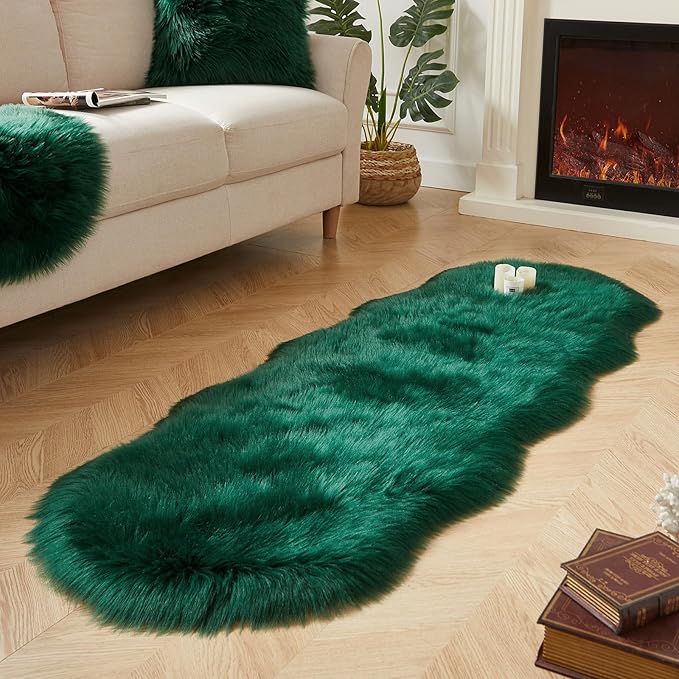 AMTOVO Faux Sheepskin Rug, Dark Green Ultra Soft Fluffy Shag Area Rug, 2 x 6 ft Faux Fur Rug for Bedroom Sofa Throw Cushion Room Decor, Sheepskin-Ruum Studio Home