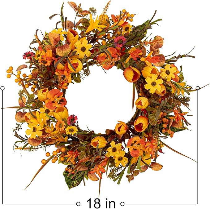 18 Inches Fall Wreaths for Front Door Rustic Autumn Wreath Farmhouse Fall Floral Wreaths with Tulips Phalaenopsis Orange Wildflowers for Wall Window Porch Indoor Outside Decor-Ruum Studio Home
