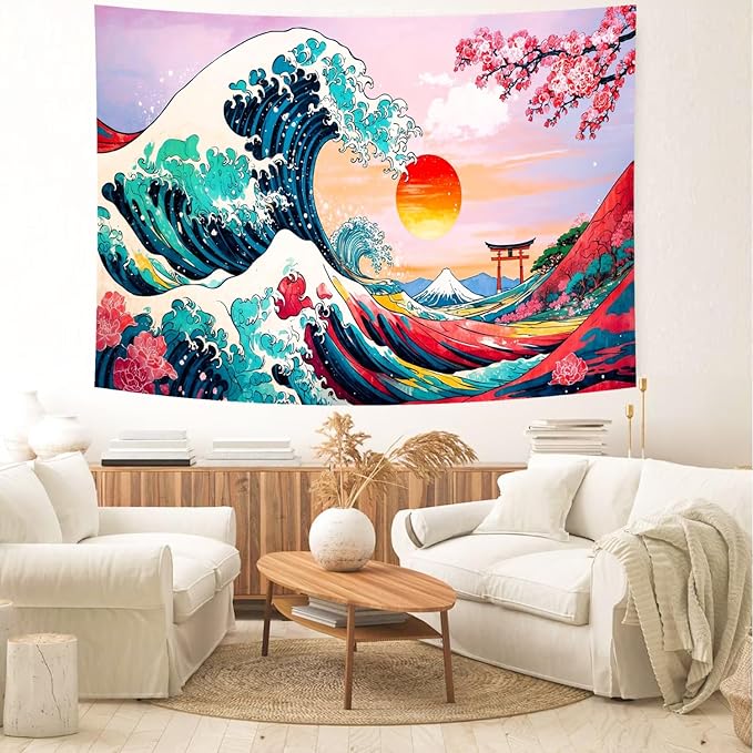 Delur Great Wave Tapestry Japanese Sunset Ocean Sea Wave Off Kanagawa Tapestry Wall Hanging Vintage Asian Anime Cherry Blossom Nature Headboard for Bedroom Living Room Home Decor (70.8" x 92.5")-Ruum Studio Home