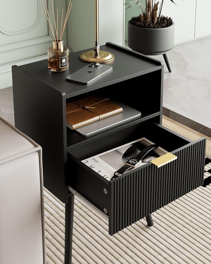 Nightstand,Modern Bedside Table with Storage Drawer and Open Wood Shelf, Accent Night Stand with Solid Wood Legs for Living Room, Bedroom and Small Spaces,Easy Assembly (Black)-Ruum Studio Home