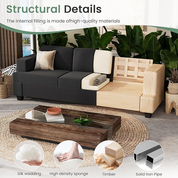 2 Piece Set Comfy Sofa Couch, 2 3-Seater Sofa with Deep Seats, Modern Sleeper Couch for Living Room, Black Corduroy-Ruum Studio Home
