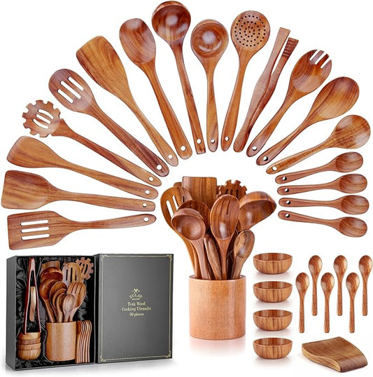 Zulay Kitchen 30-Piece Teak Wooden Utensils - Natural Teak Cooking Utensils with Premium Gift Box - Non-Stick Wooden Spoons - Kitchen Gift Set - Comfortable Grip-Ruum Studio Home