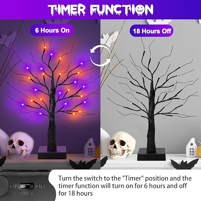 [Timer] 2 Pack 24 Inch Black Halloween Tree with Orange Purple Lights, USB/Battery Operated Light Up Halloween Table Decorations, Spooky Halloween Decorations Indoor Home Mantle Room Party Decor-Ruum Studio Home