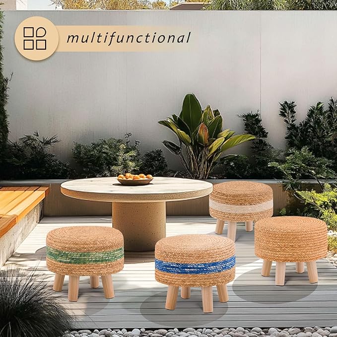 Handwoven Round Ottoman, Natural Water Hyacinth Outdoor Patio Pouf Seagrass Low Stool with Wood Legs, Soft Padded Footrest for Living Room Bedroom Garden, Green-Ruum Studio Home