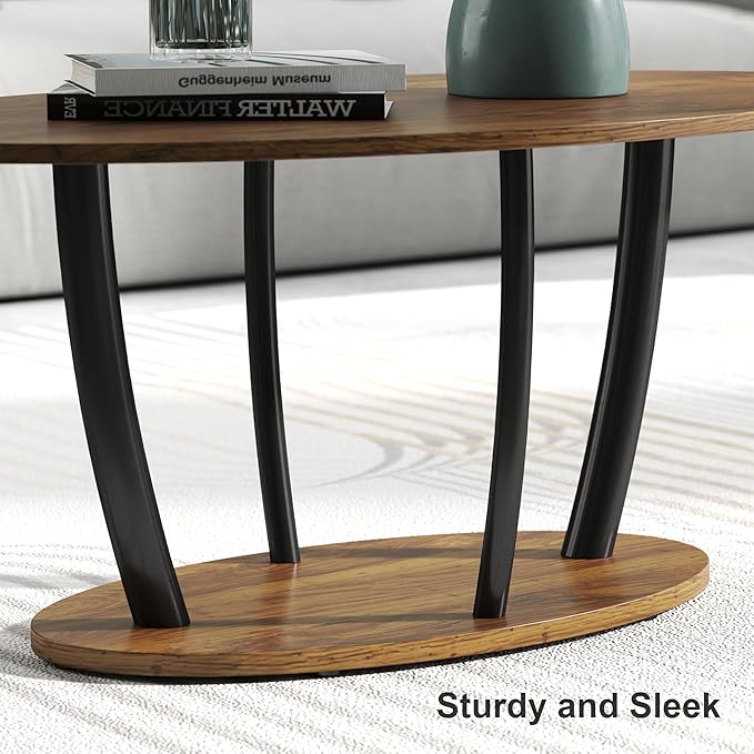 Manora Small Oval Coffee Table with Storage, Farmhouse Industrial Center Table for Living Room, Vintage Tea Table for Small Spaces, Rustic Brown-Ruum Studio Home