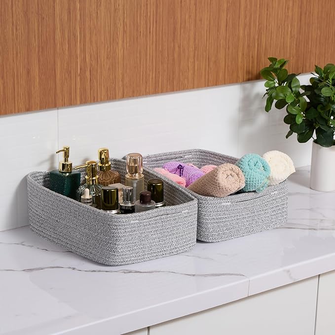 Large Shallow Organizing Baskets 15x11x5.1 Inches - Rope Woven Storage Bins for Bathroom, Shelves, Cube Closet, Mixed Grey 2 Packs-Ruum Studio Home