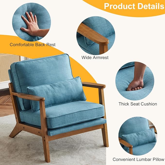Karl home Accent Chair Wide Armrest Mid-Century Lounge Chair Linen Fabric Armchair with Lumbar Pillow & Solid Wood Frame for Living Room, Bedroom, Balcony, Cyan-Blue-Ruum Studio Home