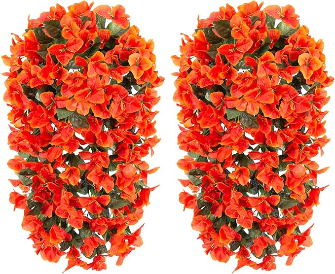 Artificial Bougainvillea Faux Flowers Plants for Outdoors Outside Fall Autumn Decor, 2 PCS Silk Trailing Vines UV Resistant Realistic Orange Fake Flowers for Planter Front Door Porch Patio Balcony-Ruum Studio Home
