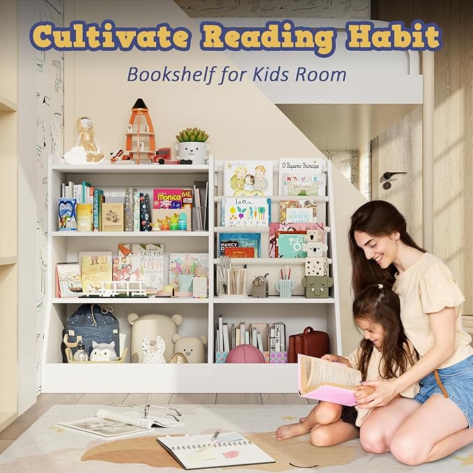 39" Large Kids Wooden Bookshelf and Toy Storage Organizer, Baby Bookcase with Sling Book Rack, Children Toddler Wooden Book Shelf for Kids Rooms, Playroom, Classroom, Nursery, School (White)-Ruum Studio Home