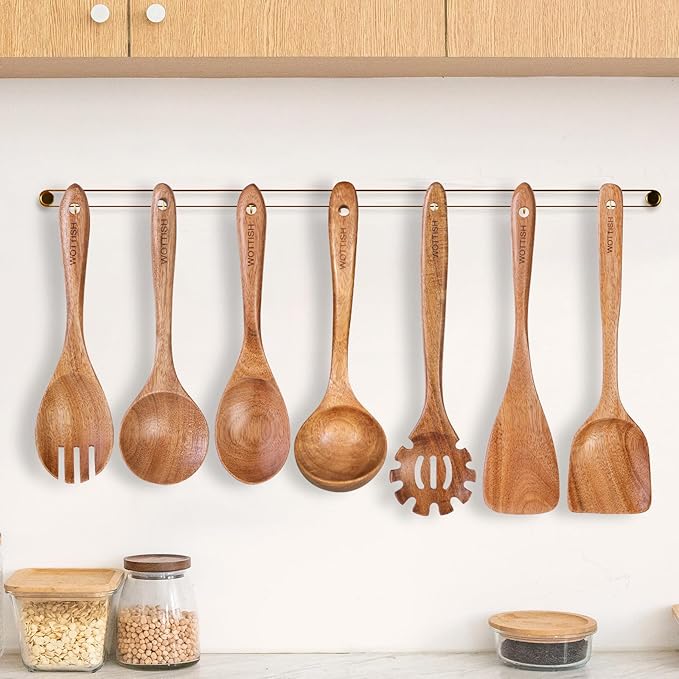 Wooden Utensil Set,WOTTISH 7Pcs Nonstick Wood Spatula,Wooden Kitchen Utensils Set Non Toxic,Wooden Spoons for Cooking（A07）-Ruum Studio Home