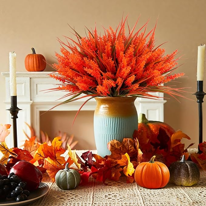 Geegoods 24 Bundles Artificial Fall Flowers Outdoor – Faux Lavender Flowers with Monkey Grass UV Resistant Plastic Faux Plants for Garden Porch Patio Home Decor, Autumn-red Color-Ruum Studio Home