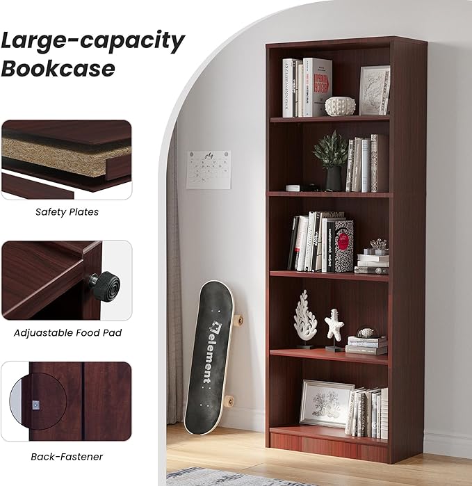 Bookshelf, Open Modern Bookshelf, 5 Shelf Bookcase with Freestanding Display Storage, Wooden Book Shelf for Bedroom, Living Room, Dinning Room, Office,Brown-Ruum Studio Home