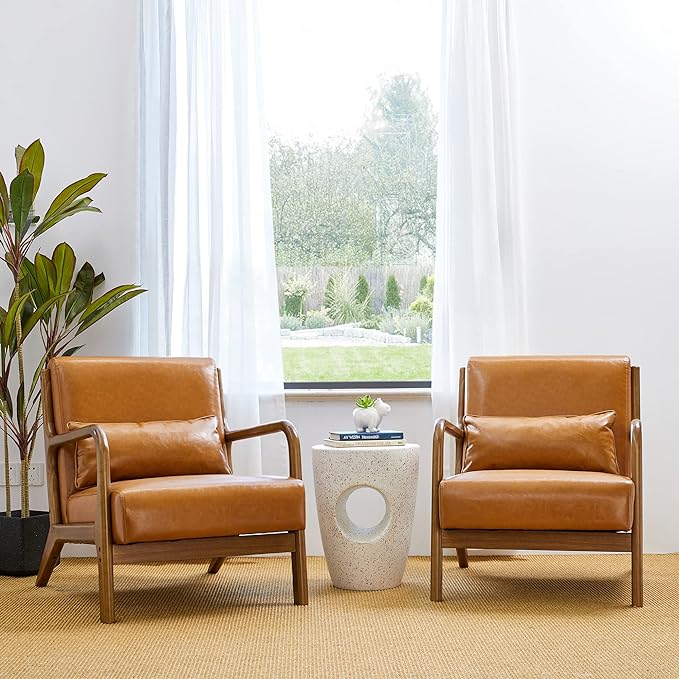 Glitzhome 2 Set Mid Century Yellowish Brown Accent Armchair, Single Reading Armchair PU Leather Lounge Chair with Walnut Ruberwood Frame-Ruum Studio Home