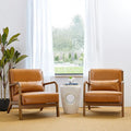 Glitzhome 2 Set Mid Century Yellowish Brown Accent Armchair, Single Reading Armchair PU Leather Lounge Chair with Walnut Ruberwood Frame-Ruum Studio Home