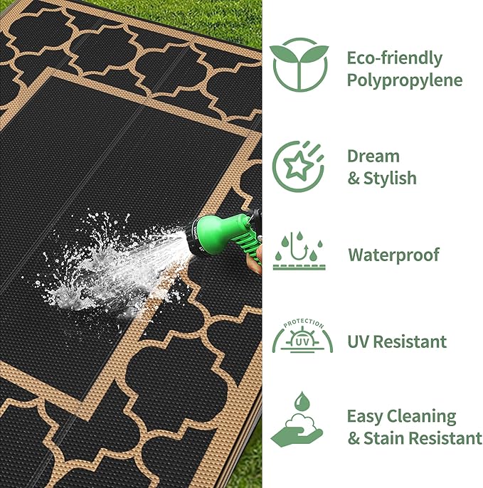 GENIMO 5' x 8' Outdoor Rug Waterproof for Patio Decor, Foldable Reversible Plastic Straw Area Rugs Mat for Camper, Outside Carpet for Rv, Deck, Porch, Picnic, Beach, Balcony, Black & Brown-Ruum Studio Home