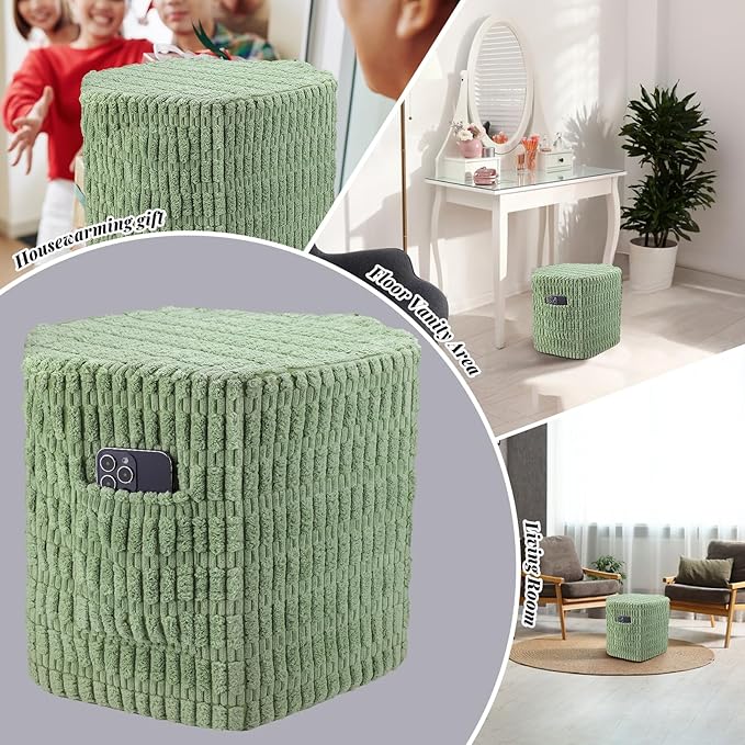 Hexagon Pouf Ottoman Stuffed with 2 Pockets & Handle, Comfort Corduroy Poufs, Non-Slip Foot Stool Storage Ottoman, Foam Floor Poufs Foot Rest for Couch, Bedroom (Green)-Ruum Studio Home