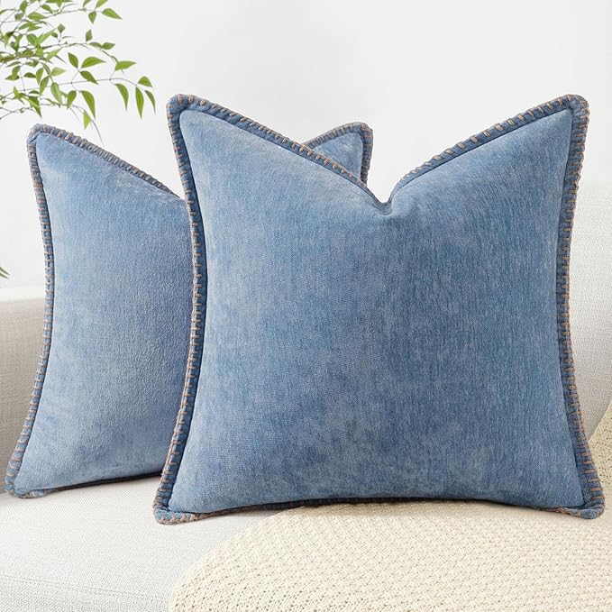 decorUhome Chenille Soft Throw Pillow Covers 20x20 Set of 2, Farmhouse Velvet Neutral Decorative Euro Pillow Covers with Stitched Edge for Couch Sofa Bed Home Decor, Blue-Ruum Studio Home