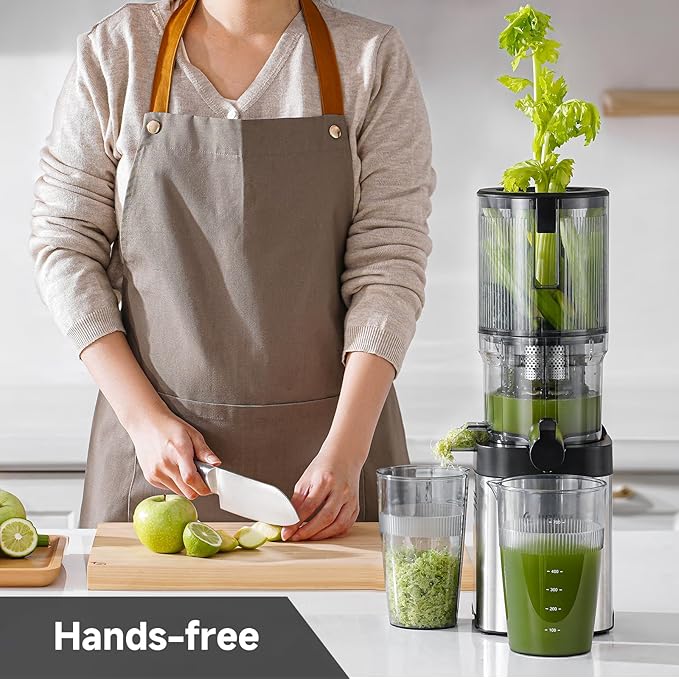 AMZCHEF Cold Press Juicer, Juicers Machines - 5.4" Large Feed Chute for Whole Fruits & Vegetables, Stainless Steel Slow Masticating Juice Easy to Clean, Large Auger, Triple Strainers, Silver-Ruum Studio Home