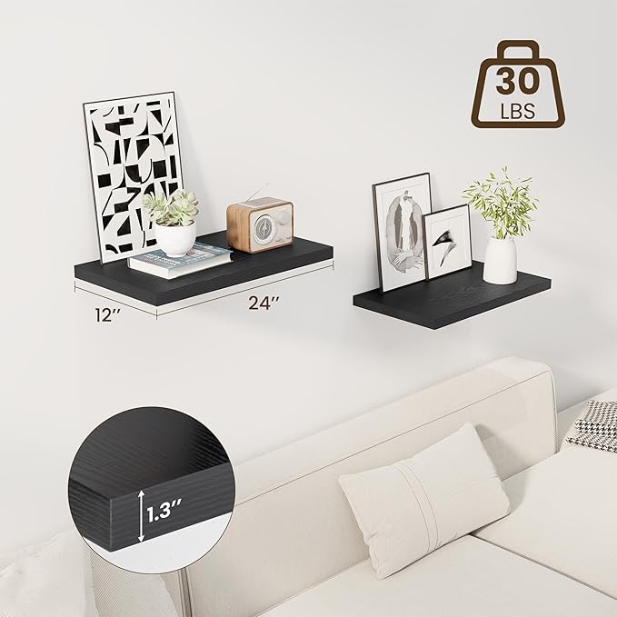 24" Floating Shelves for Wall, 12" Deep Slim Black Floating Shelves, Wall-Mounted Shelves for Bedroom, Living Room, Kitchen, Bathroom - Set of 2-Ruum Studio Home