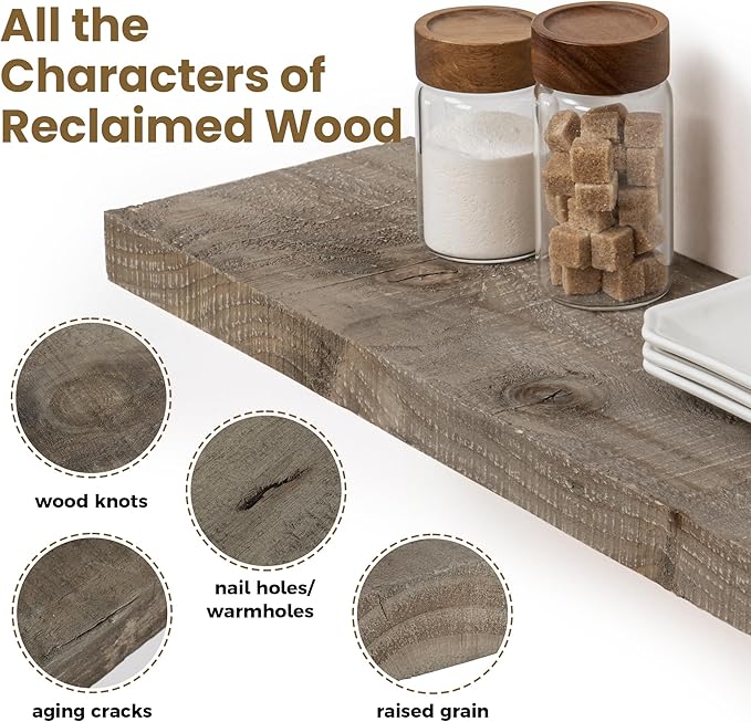 Solid Reclaimed Wood Floating Shelf 48inches Width and 8 inches Depth, Rustic Reclaimed Barnwood Wall Hanging Shelves with Invisible Heavy-Duty Metal Bracket，Cement Grey-Ruum Studio Home