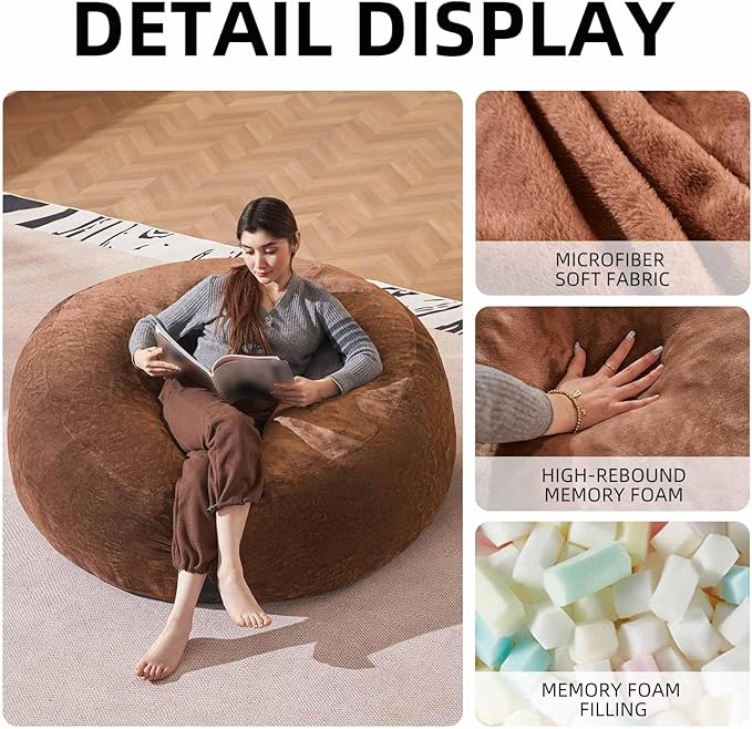 Bean Bag Chair 5Ft, Memory Foam Filled, Large Beanbag Chairs for Adults and Teens, Soft Sofa with Removable Flannel Cover, Round Couch for Living Room Bedroom College Dorm (Coffee, 5FT-60×60"×24")-Ruum Studio Home