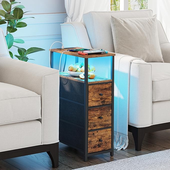 TUTOTAK Narrow LED Night Stand with Charging Station, Slim End Table with Plugins, Tall Side Table with 3 Fabric Drawer, Small Bedside Table with Storage, Set of 2, for Living Room, Brown TB01BB073L-Ruum Studio Home