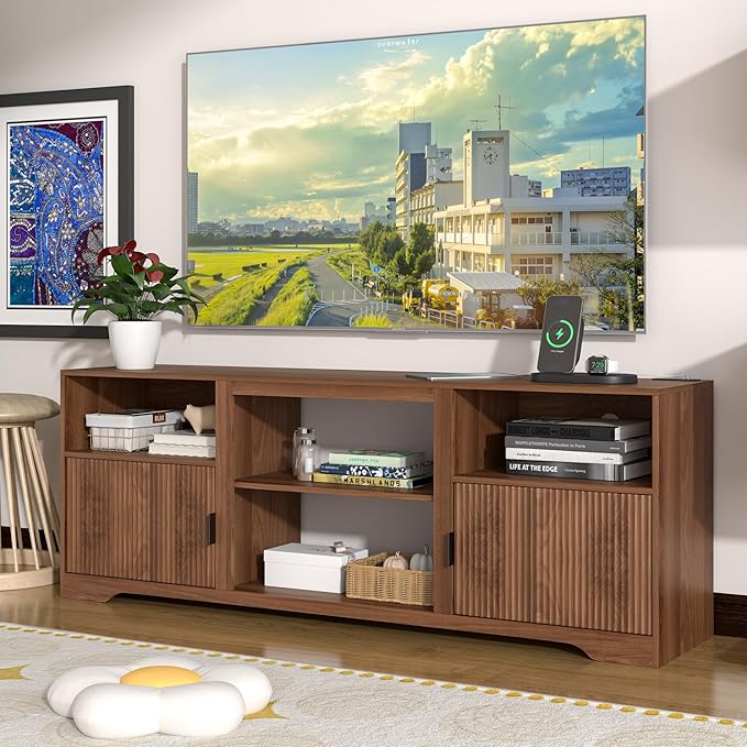 Fluted TV Stand for Tvs up to 80",Mid Century Modern TV Stand with Open Adjustable Shelf,Entertainment Center Wood TV Media Console with Cord Holes,TV Stand for Living Room Furniture Bedroom,Walnut-Ruum Studio Home