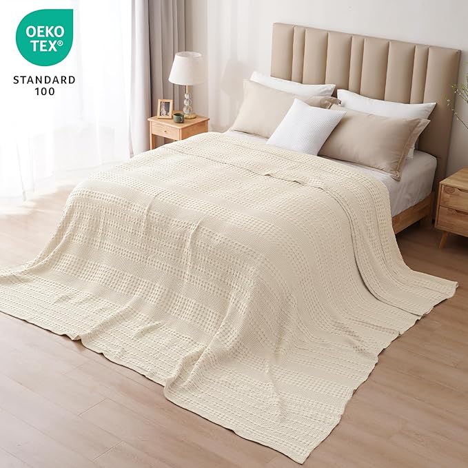 PHF 100% Cotton Waffle Blanket Oversized King 120"x120", Lightweight Breathable Extra Large 10'x10' Summer Blankets for Bed, Giant Big Luxury Aesthetic Woven Bedding for Home Decor, Undyed-Ruum Studio Home