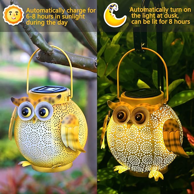2 Pack Hanging Solar Lanterns - Garden Light Waterproof Metal Decorative Solar Lantern Lights Outdoor for Patio Yard Table Pathway with Owl Pattern-Ruum Studio Home
