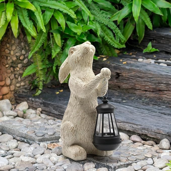 Garden Statues Rabbit with Solar Lights-Bunny Figurine Halloween Decorations Outdoor Rabbit Decor for Lawn,Balcony-Yard Art Garden&Patio Decor,Unique Housewarming&Birthday Gifts for Women Mom-Ruum Studio Home