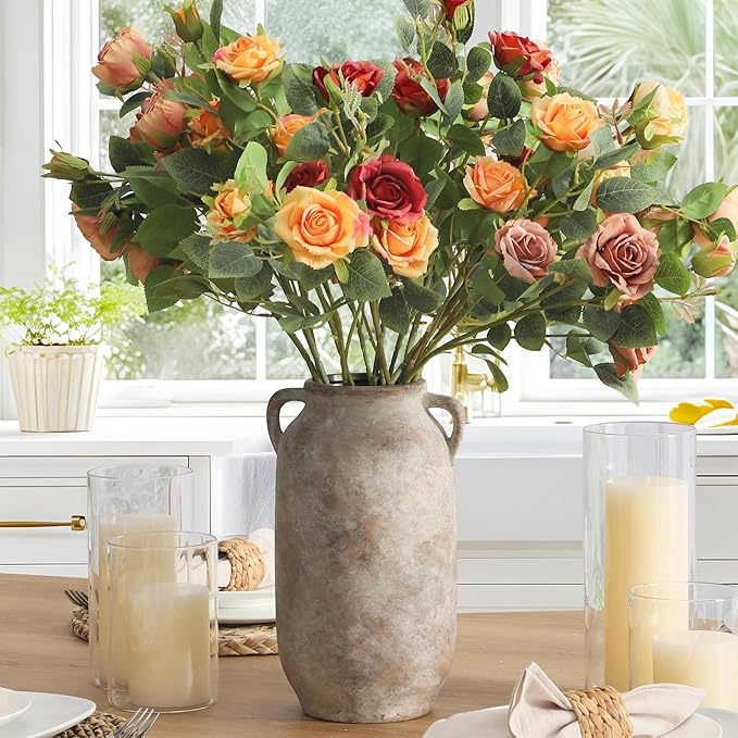 Large Flower Vase Home Decor - 12 inch Tall Ceramic Farmhouse Rustic Table Vases with Handle Living Room Decoration Decorative Modern Vintage for Floor Kitchen Shelf Coffee Dining Desk Fireplace-Ruum Studio Home