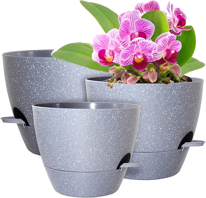 Big Self Watering Pots 12/10/9 inch, Planter, Plant Pots with Mesh Drainage Holes for Indoor Outdoor Garden Plants, Plastic Flower Pots with Removable Deep Reservoir, Speckled Grey-Ruum Studio Home