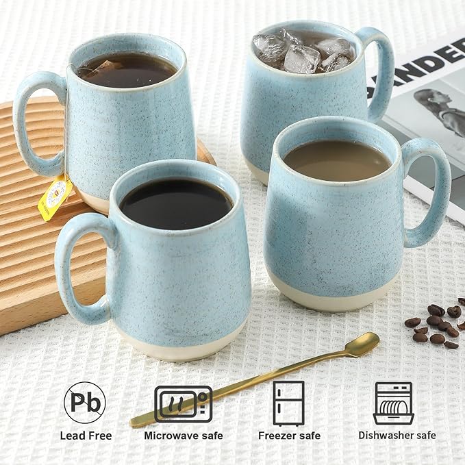 Hasense Ceramic Coffee Mugs Set of 4, 15 Oz Coffee Cup with Handle for Women and Men, Modern Large Latte Mugs for Cappuccino, Tea, Cocoa, Microwave Dishwasher Safe, Mother's Day Gifts, Light Blue-Ruum Studio Home