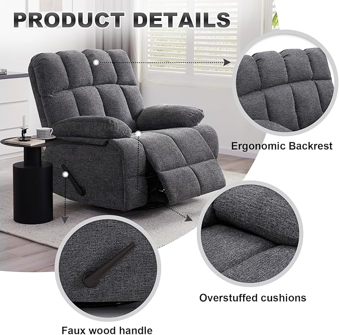 Oversized Swivel Rocker Recliner Chair for Adult, Rock Recliner for 350lb Big Man, Extra Wide Manual Recliners, Overstuffed Soft Rocking Sofa Chair,Light Grey-Ruum Studio Home