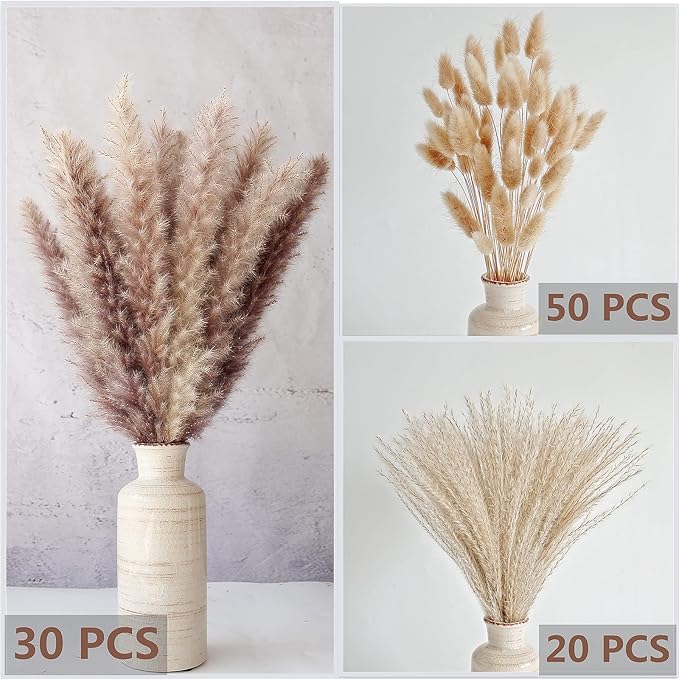 Natural Dried Pampas Grass Decor, Brown Pampas Grass， Bunny Tails Dried Flowers, Reed Grass Bouquet for Wedding Boho Flowers Home Table Decor, Fall Decor，Rustic Farmhouse Party (100 in Total )-Ruum Studio Home