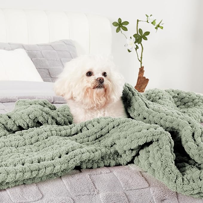 Amélie Home Chunky Knit Throw Blanket for Couch, Soft Chenille Crochet Blanket for Children, 40"x50", Sage Green-Ruum Studio Home